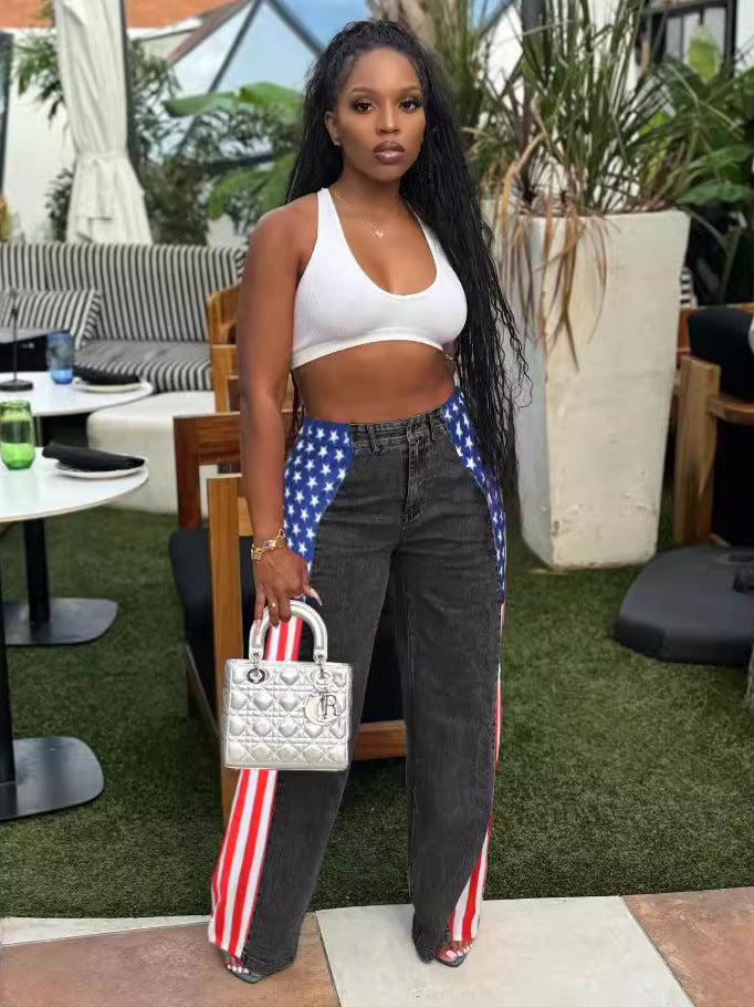 Women American Flag Printed Elastic Wide Leg Denim Pants 4