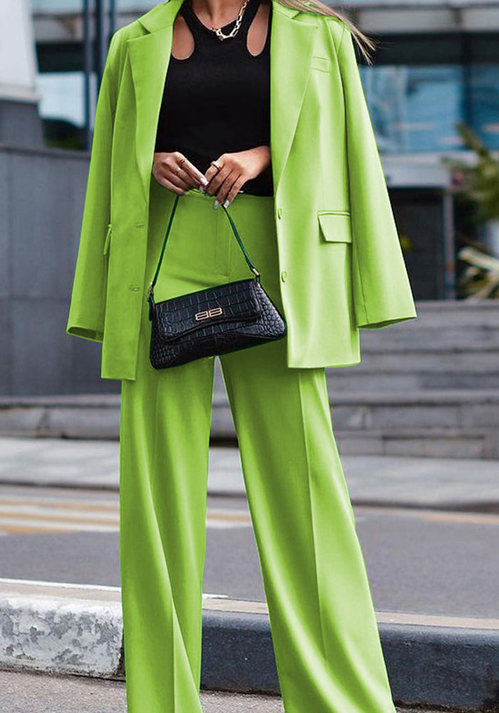 Women Solid Long Sleeve Suit and Wide Leg Pants Two Piece Set