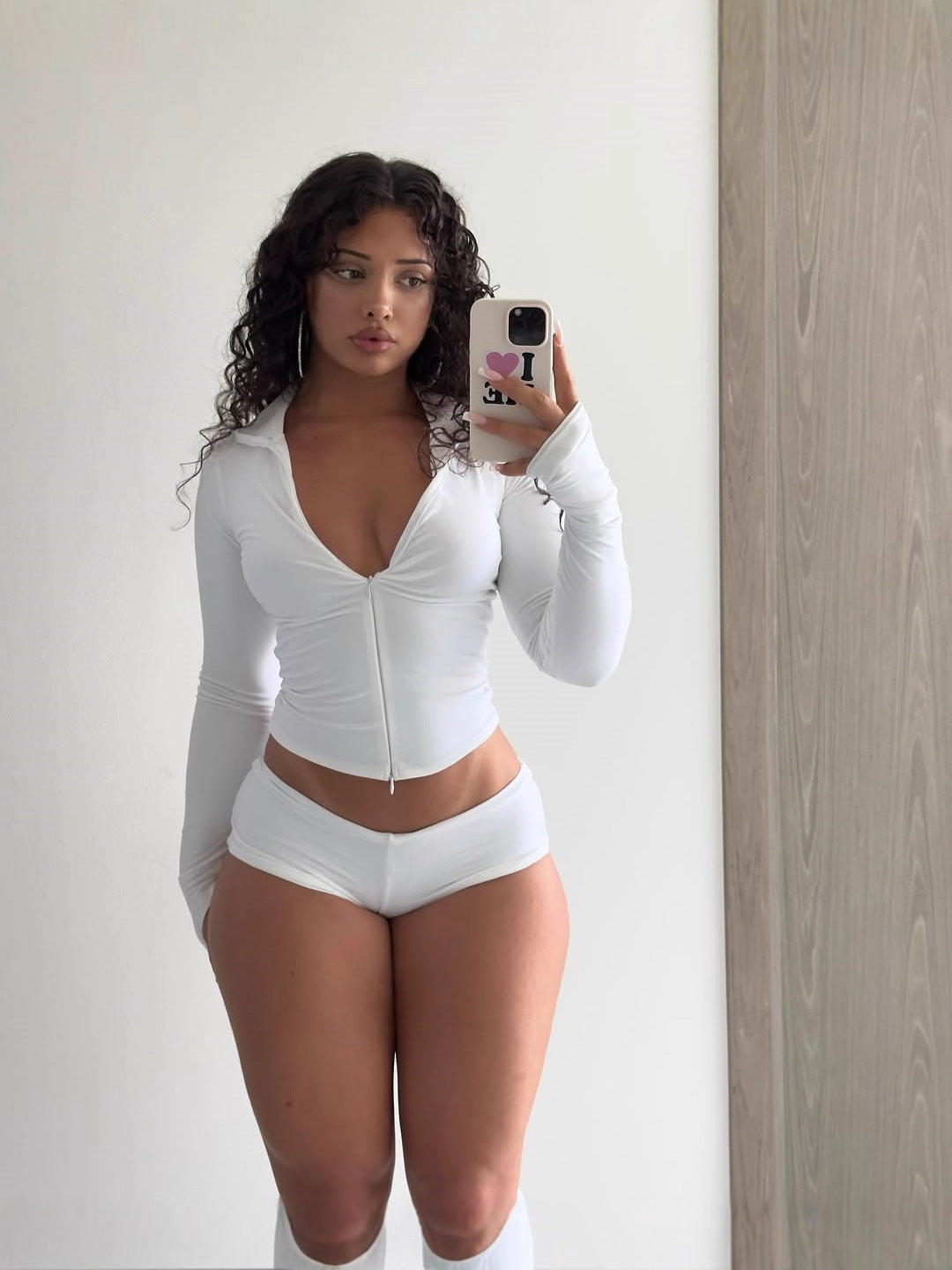 Slim Fit Stand Collar Zipper Casual Sport Long Sleeve Tight Fitting Top Solid Color Shorts Set 6