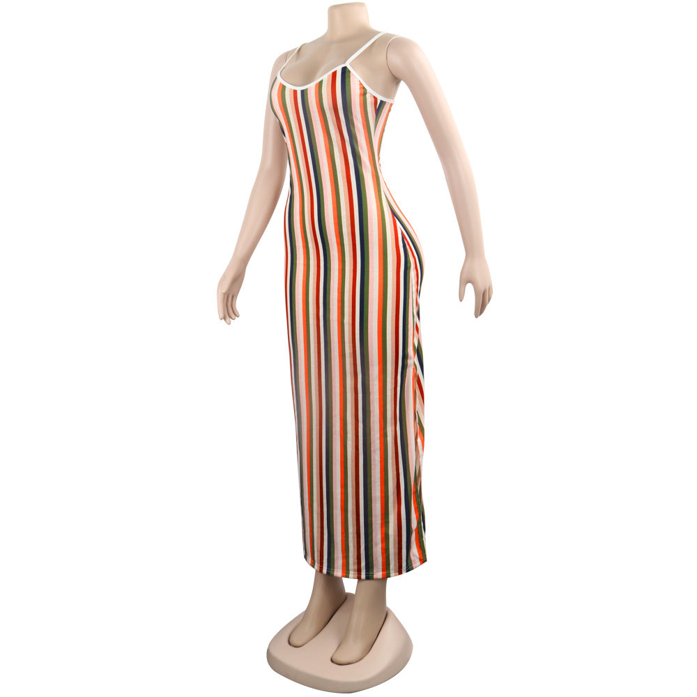 Women sexy striped Backless suspender slit dress 6