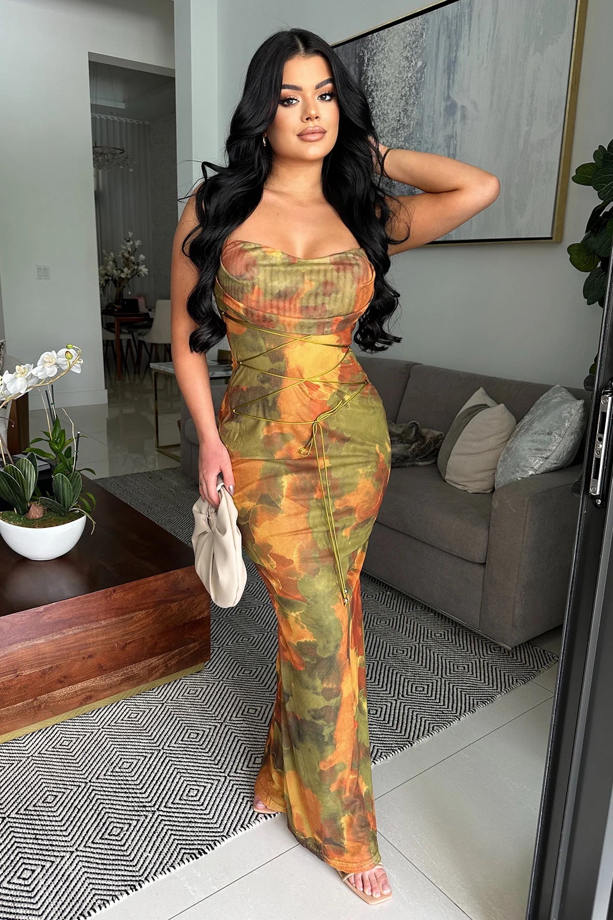 Women Sexy Double Tie-Dye Printed Backless Strap Dress 3