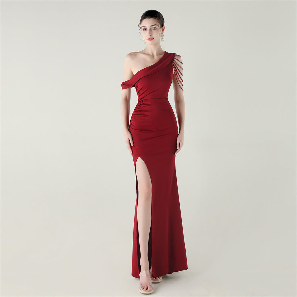 Women beaded one-shoulder satin fishtail pleated evening dress