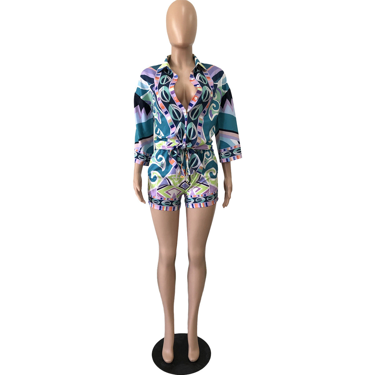 Women Clothing Full Positioning Print Half Sleeve Shirt Shorts Casual Two Piece Set 8