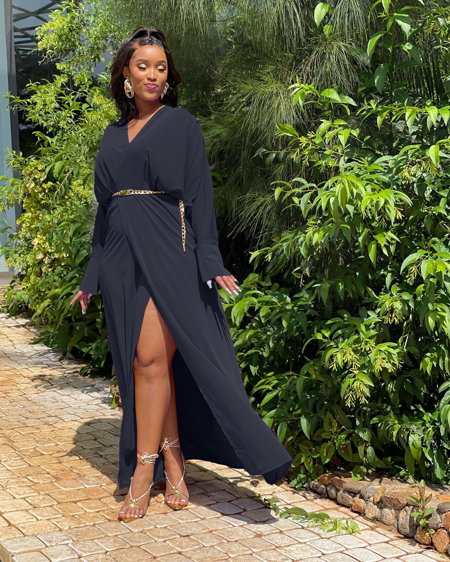 Autumn Black Fashionable Slit Loose Dress 5