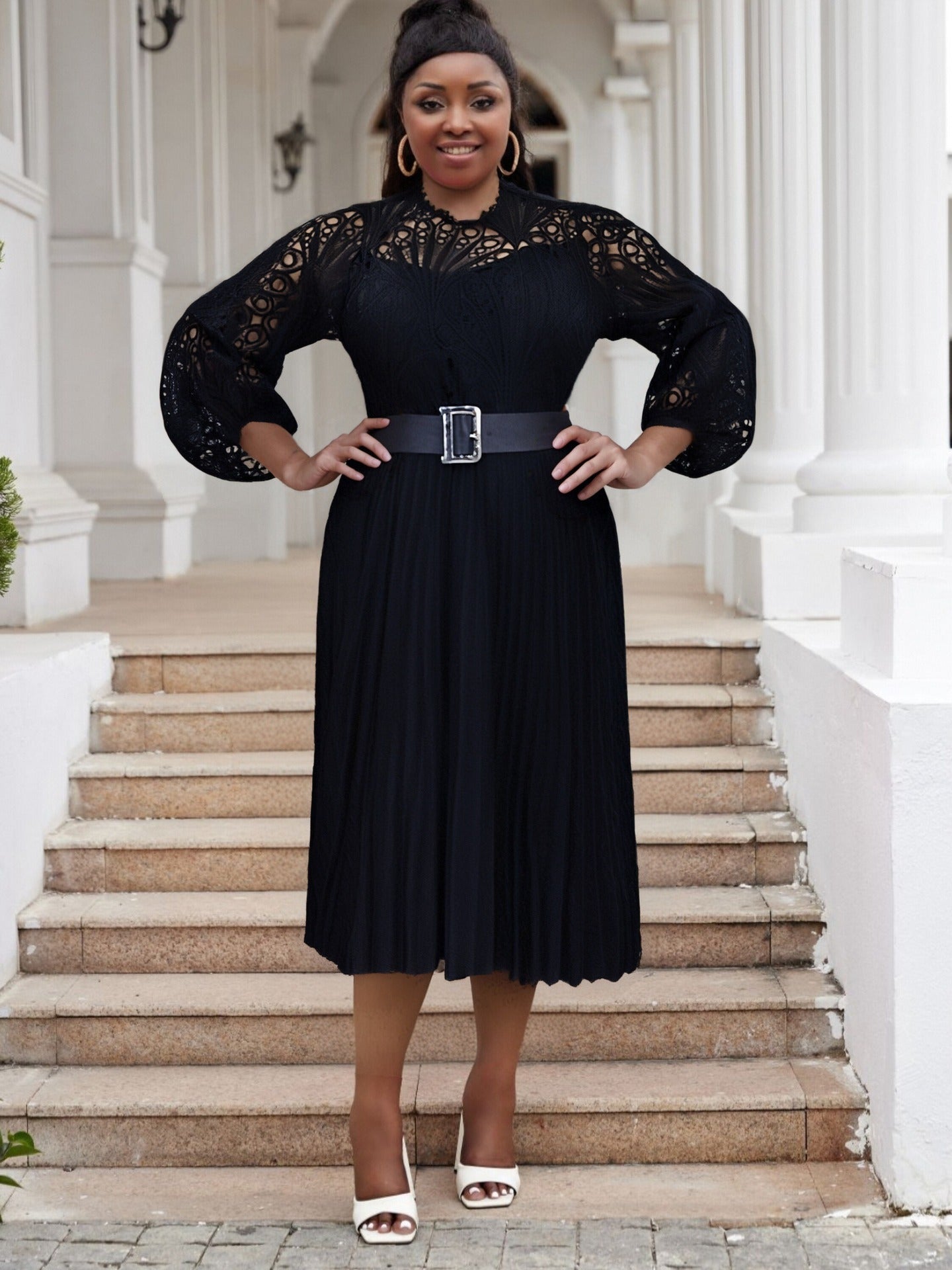 Plus Size Women lace hook flower sexy hollow pleated dress 7