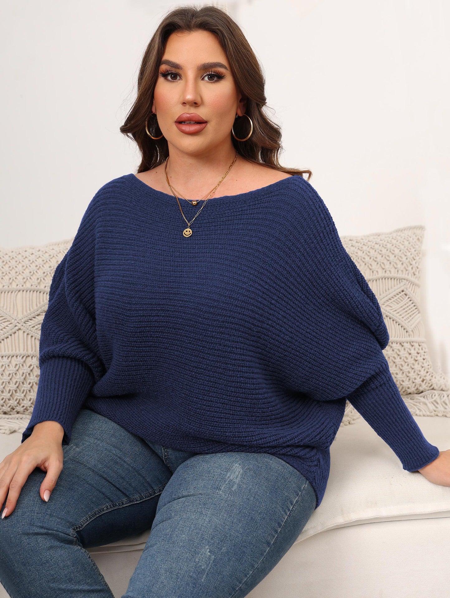 Women's Pullover Woven Sweater Plus Size Women's Autumn And Winter Bat Sleeves Loose Sweater 4