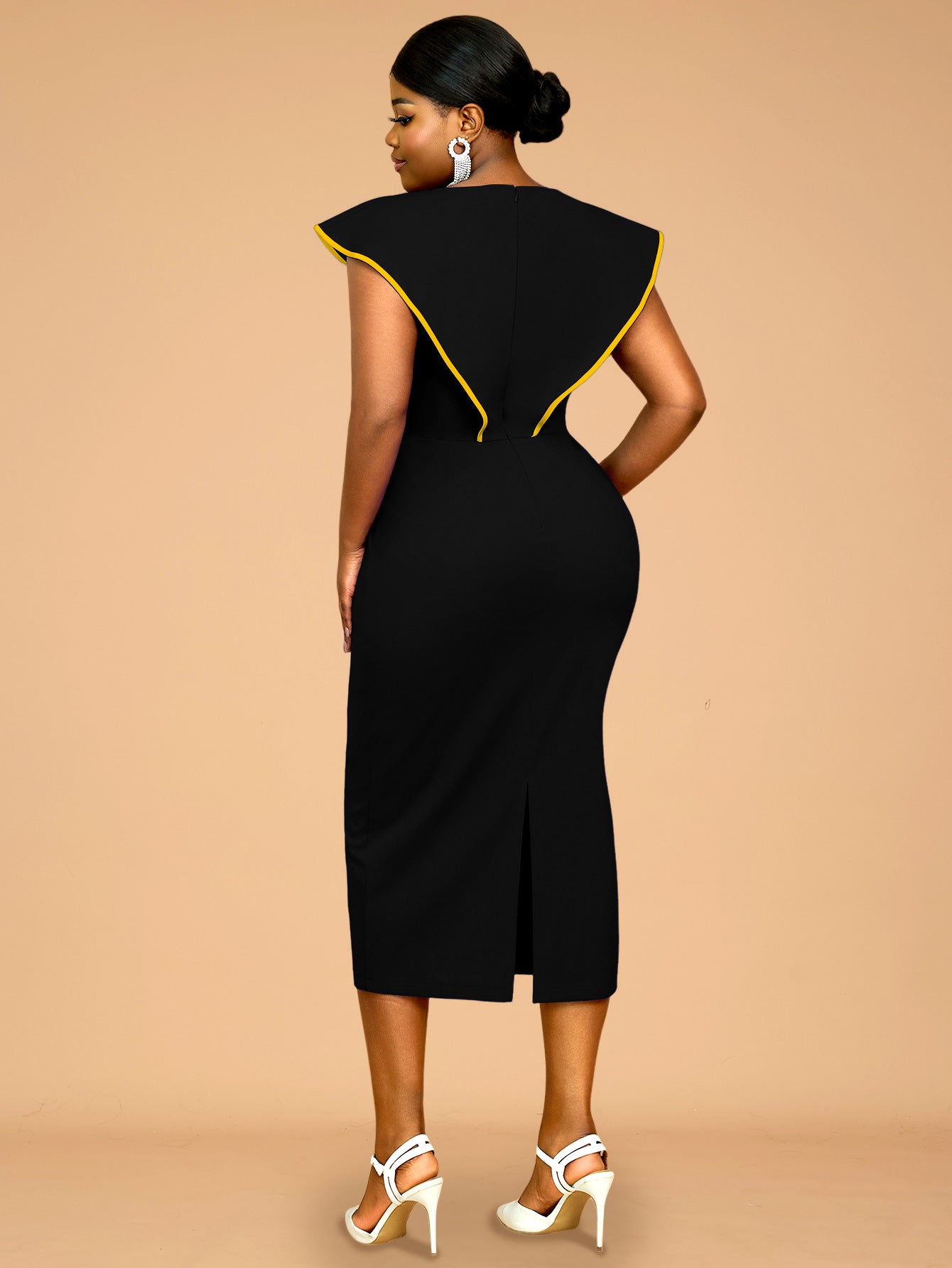 Plus-Size Contrast Flower Ruffle Sleeve Elegant Chic Formal Party Dress 32