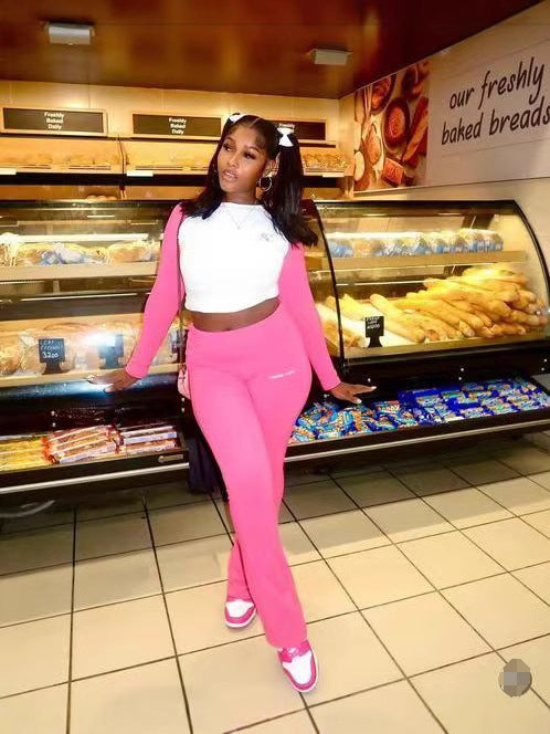 Women's Autumn Contrast Color Round Neck Slim Long Sleeve Two Piece Pants Set 5