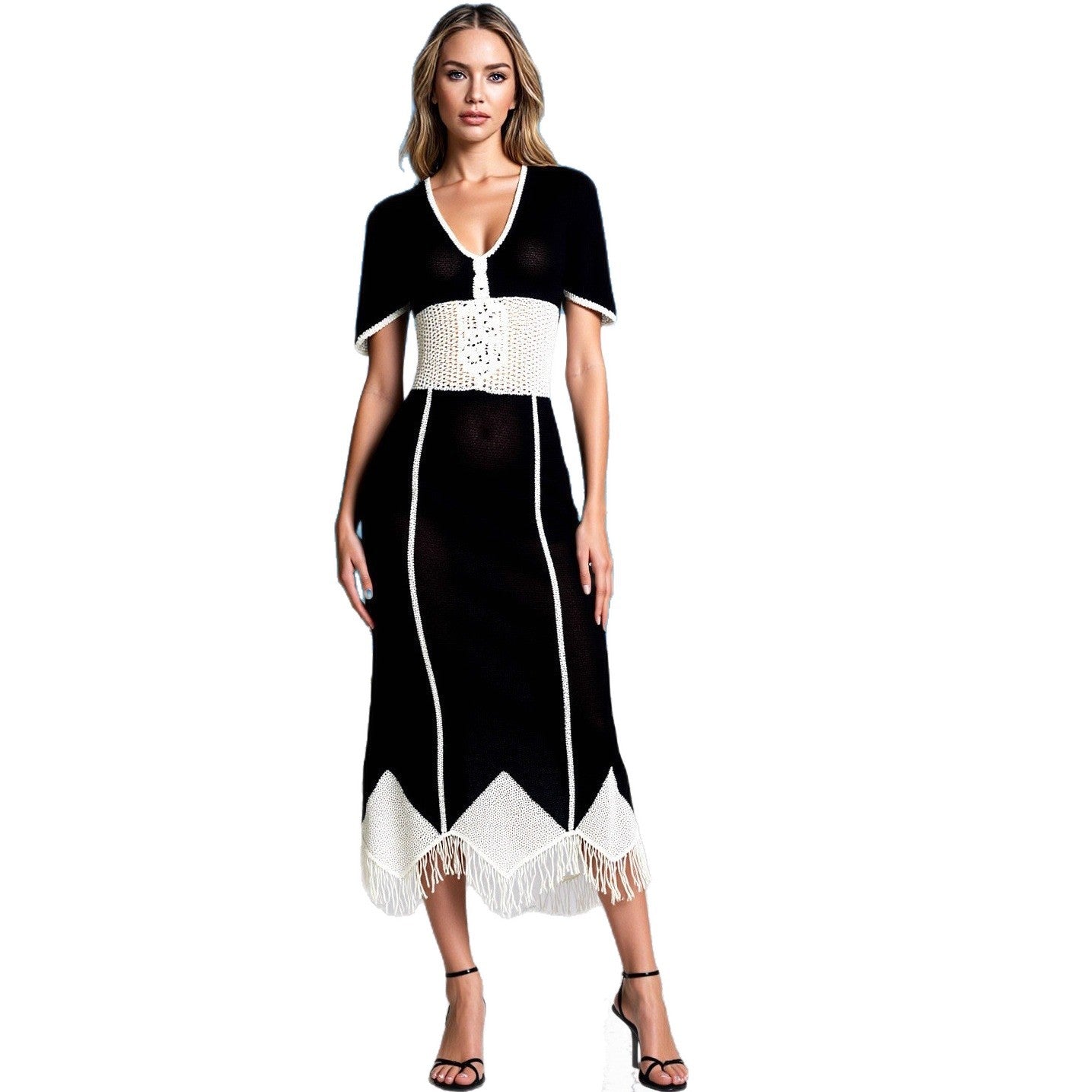 Women V-neck contrasting airy suture knitting dress 7