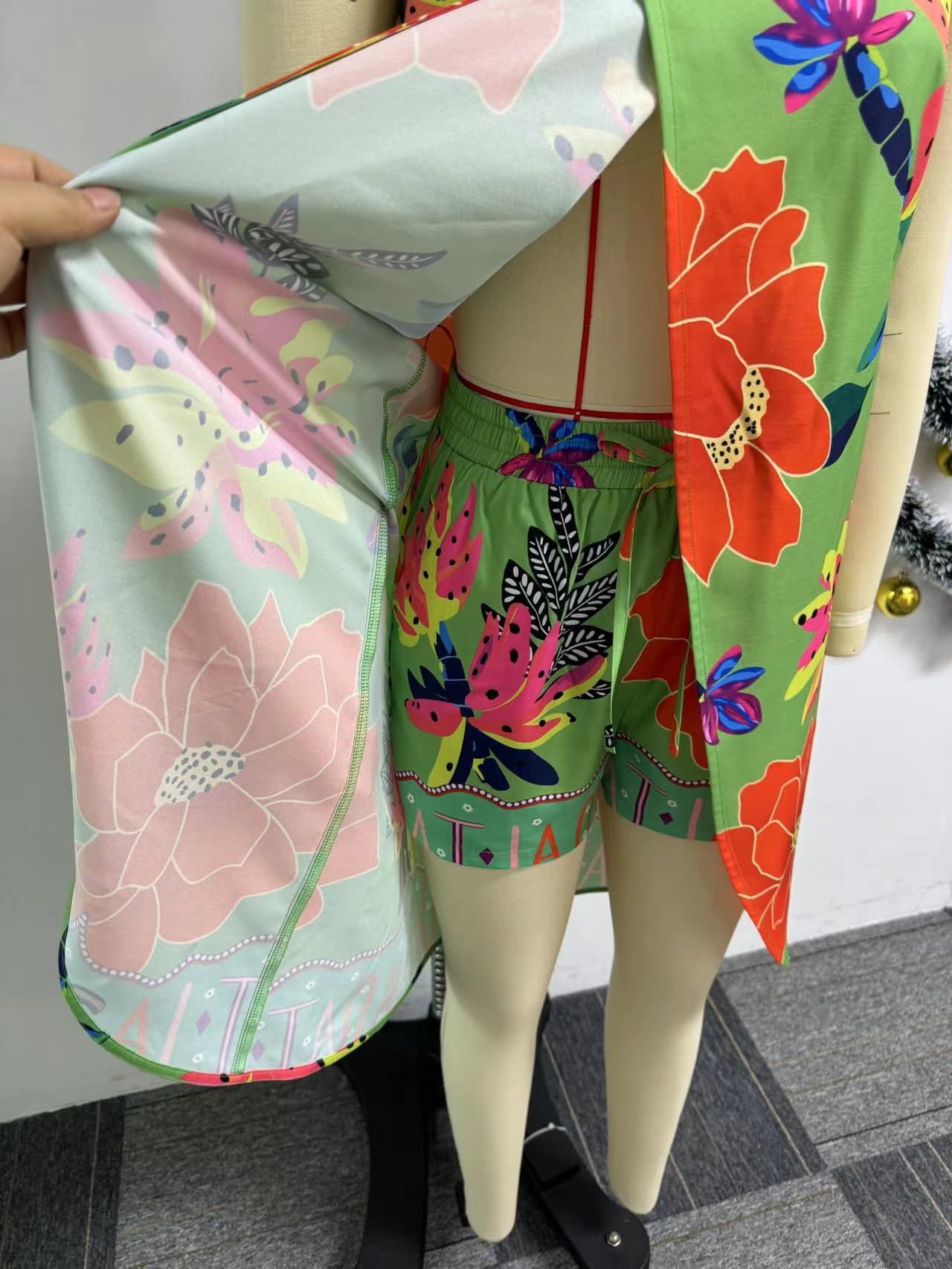 Women Sexy Printed Suspender Slit Dress and Shorts Two-piece Set 13