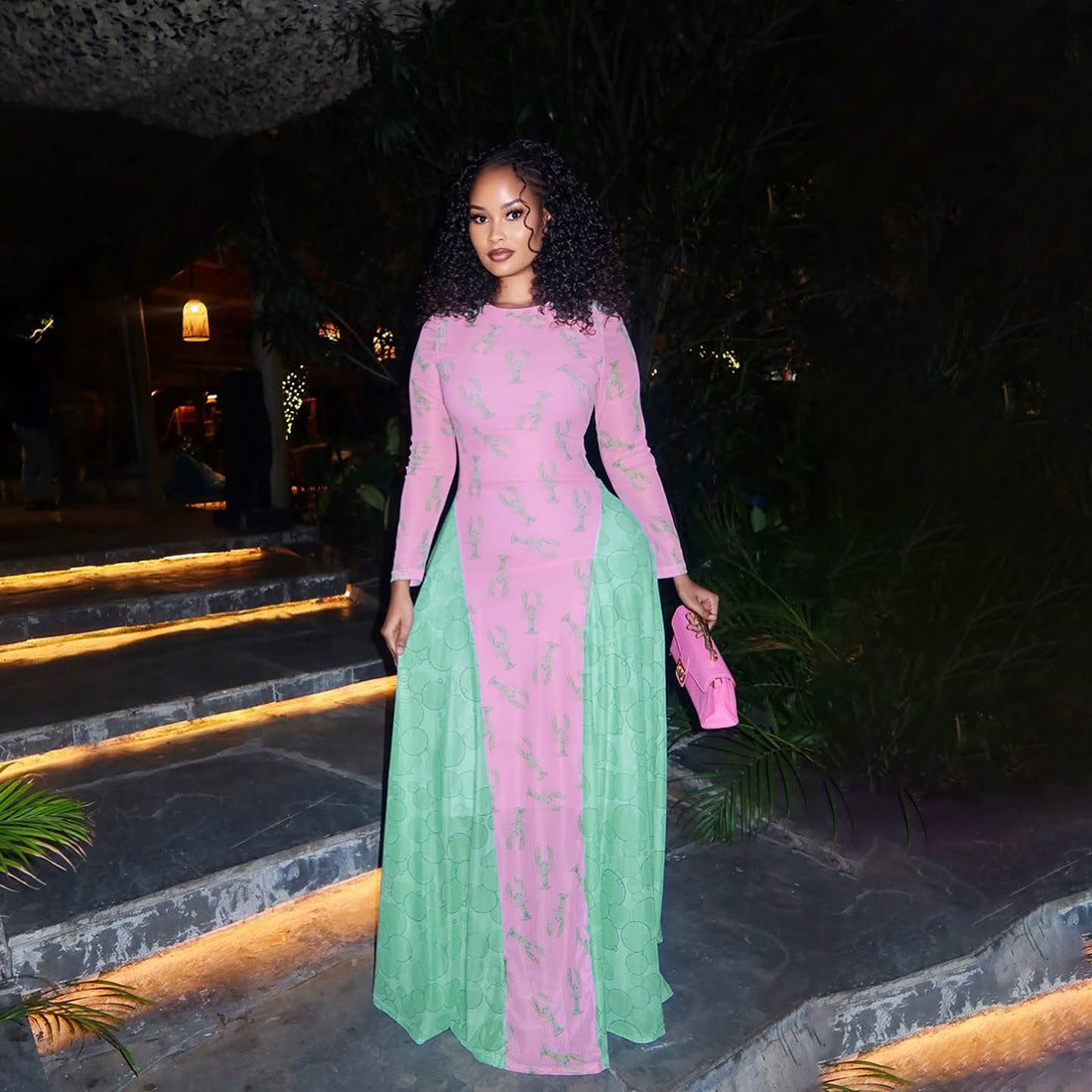 Women Autumn Print Mesh Color Block Patchwork Long Sleeve Dress 5