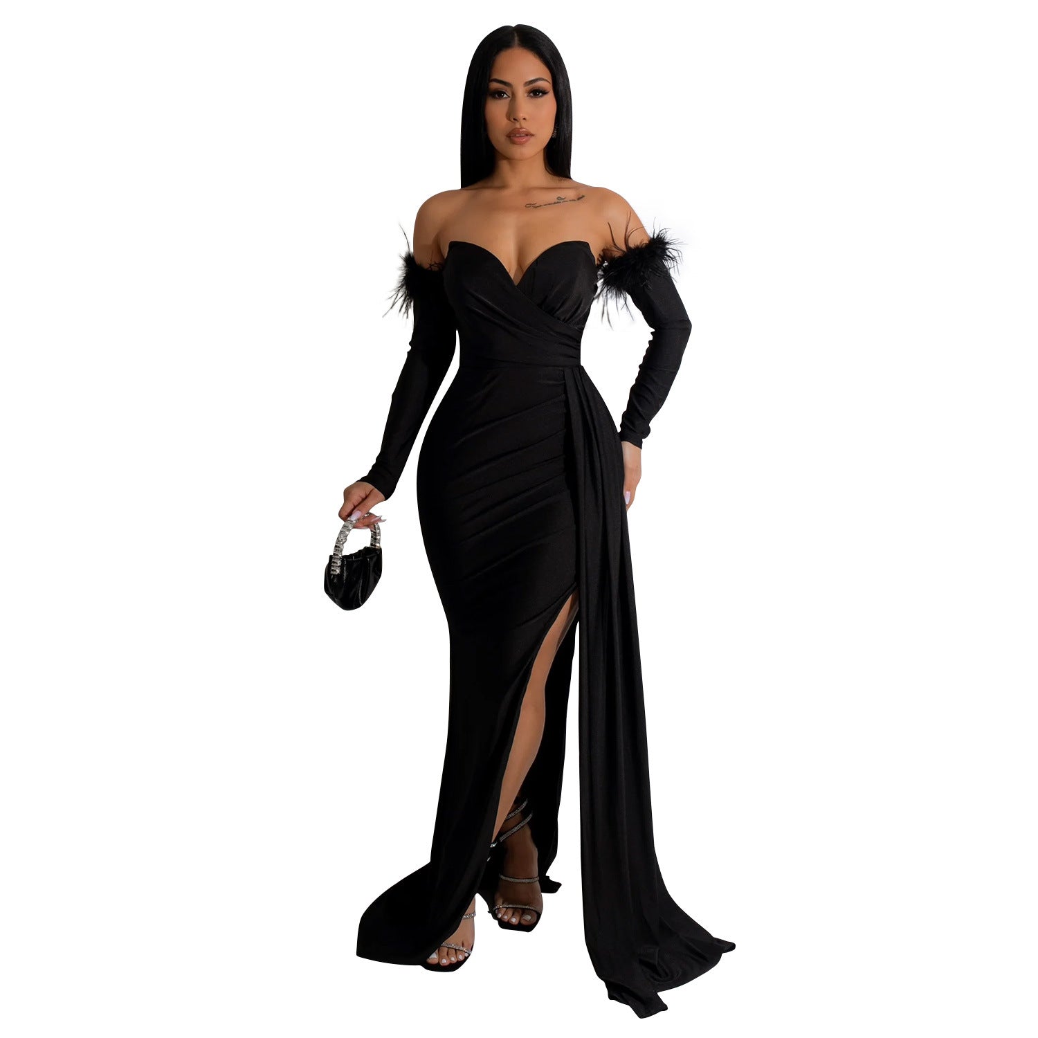 Fashion Women's Solid Color Pleated Low Back Slit Maxi Dress 20