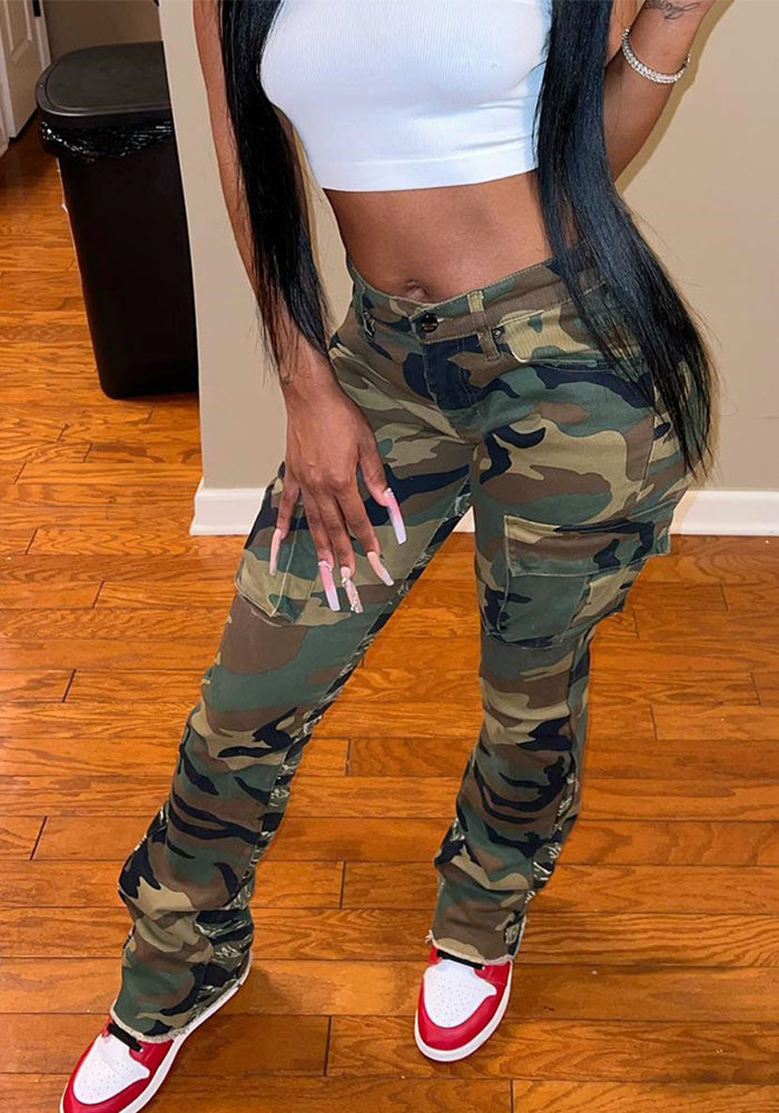 Women's Spring Summer Camouflage Sexy Slim Fit Casual Zip Pocket Cargo Pants