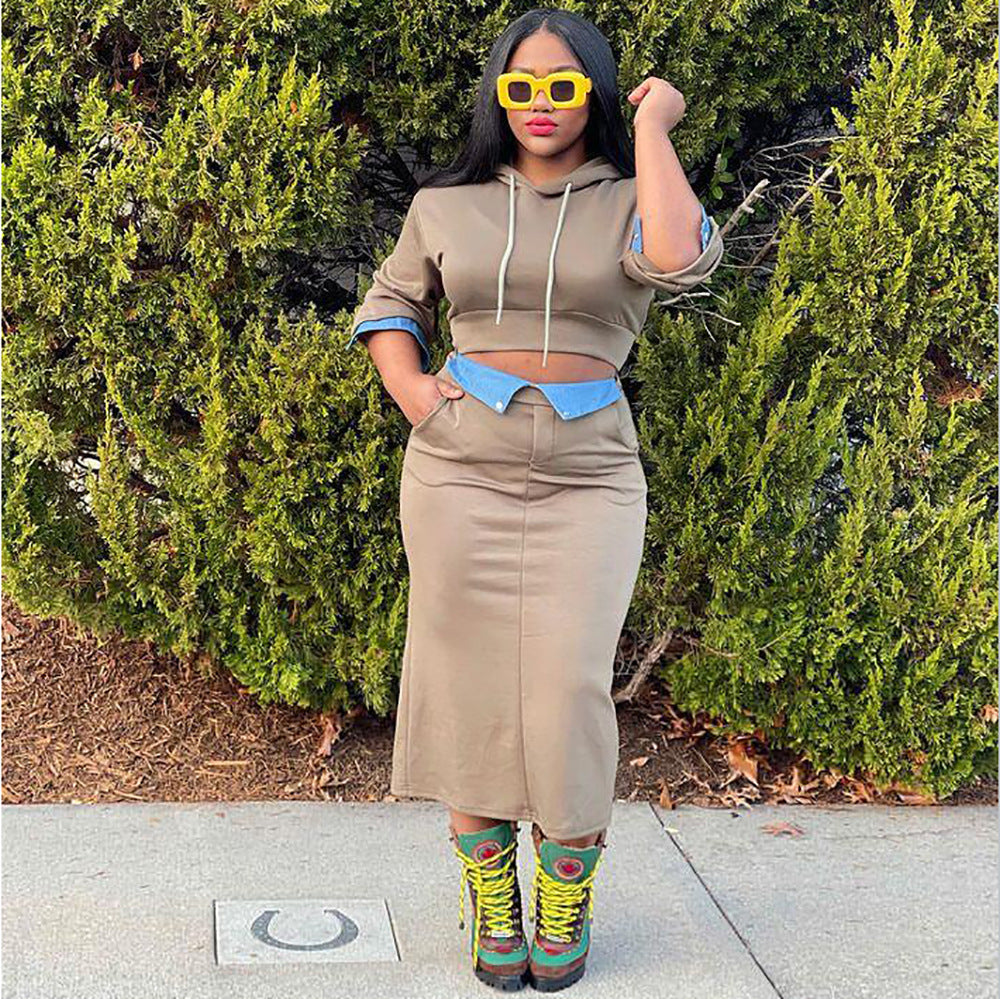 Women Winter Casual Long Sleeve Hoodies and Denim Patchwork Slit Skirt Two-piece Set 5