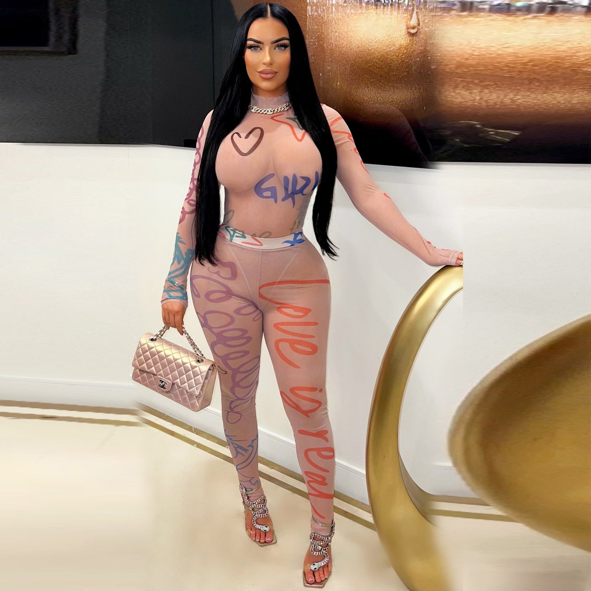 Women's Summer Print See-Through Mesh Tight Fitting Bodysuit Pants Two Piece Set 6