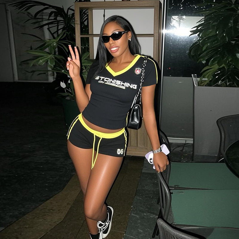 Summer Street Fashion V-Neck Short Sleeve Tight-Fitting Sports Two Piece Shorts Set 8