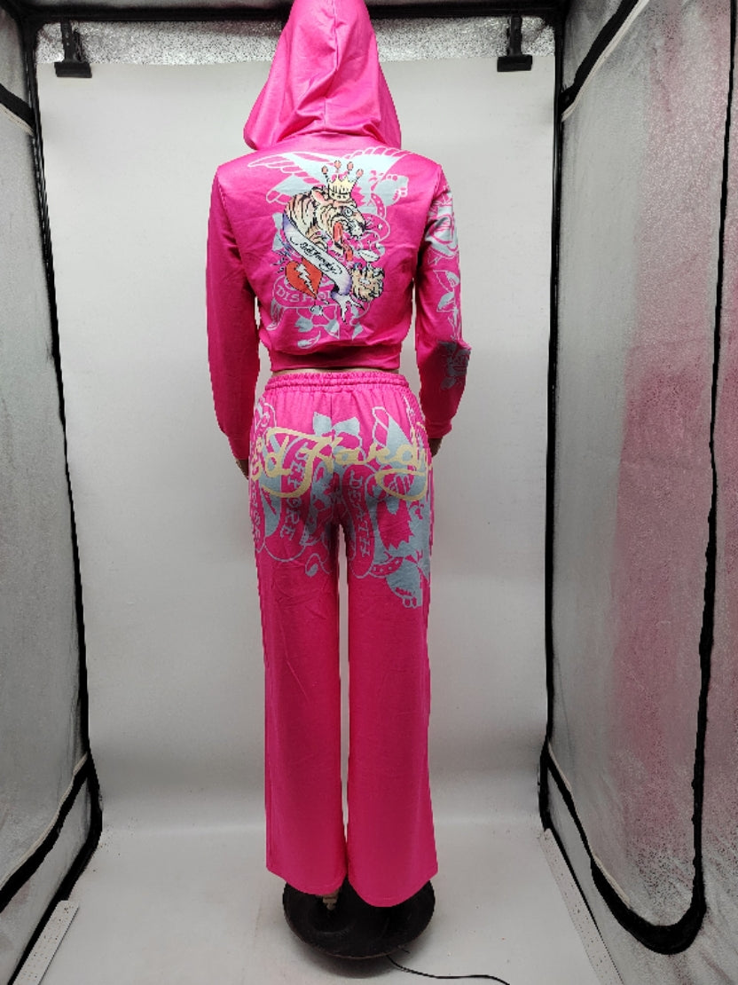 Women Printed Zipper Top and High Waist Straight Pants Two-piece Set 7