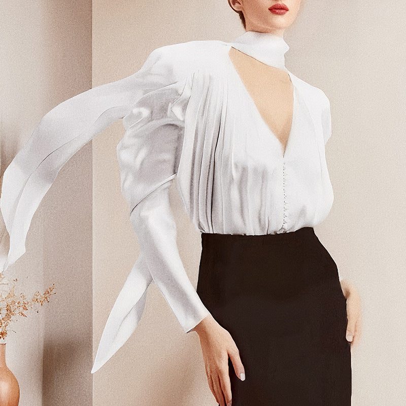 Women V-neck tie top irregular mesh shirt 7