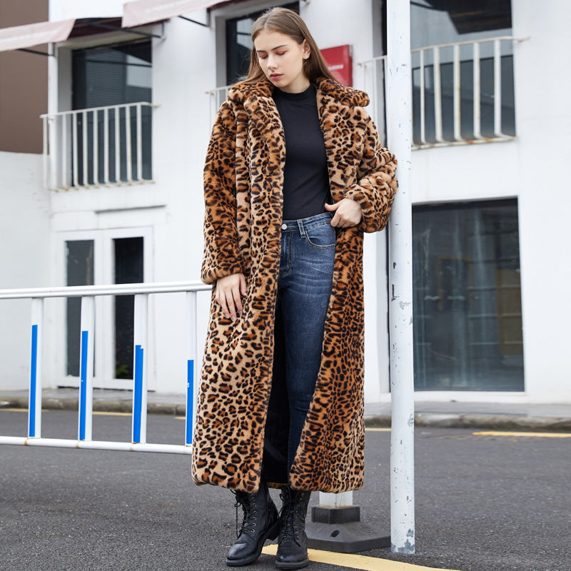 Women Leopard Turndown Collar Furry Long Coat 4