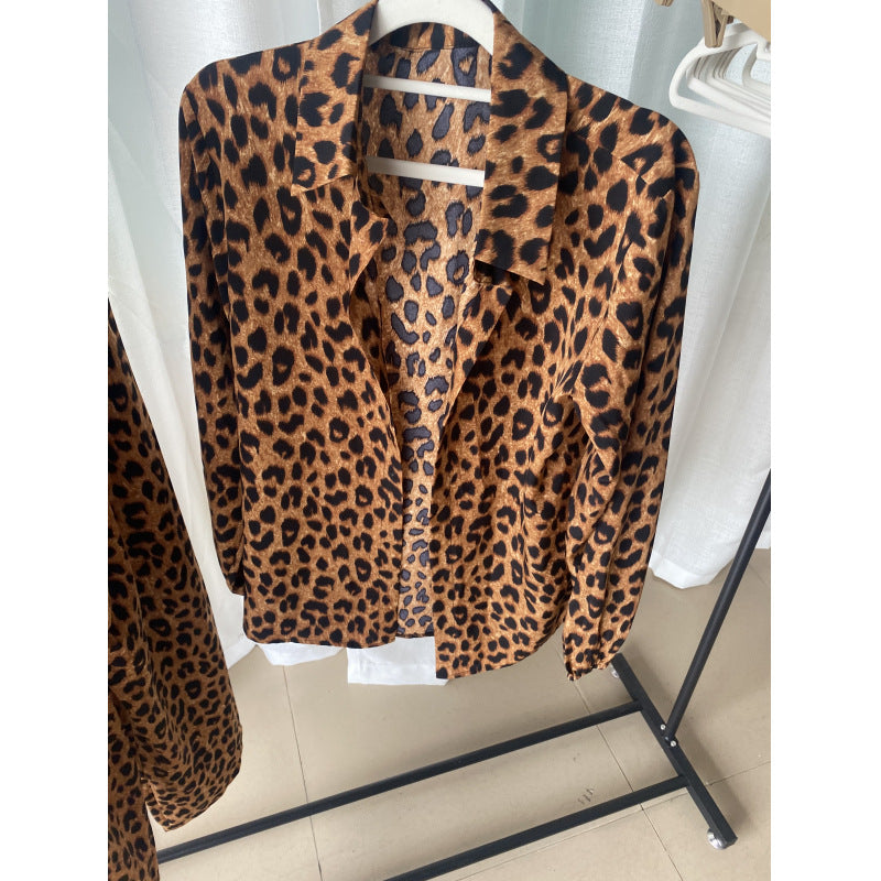 Women autumn leopard print long-sleeved shirt and Pant two-piece set 10