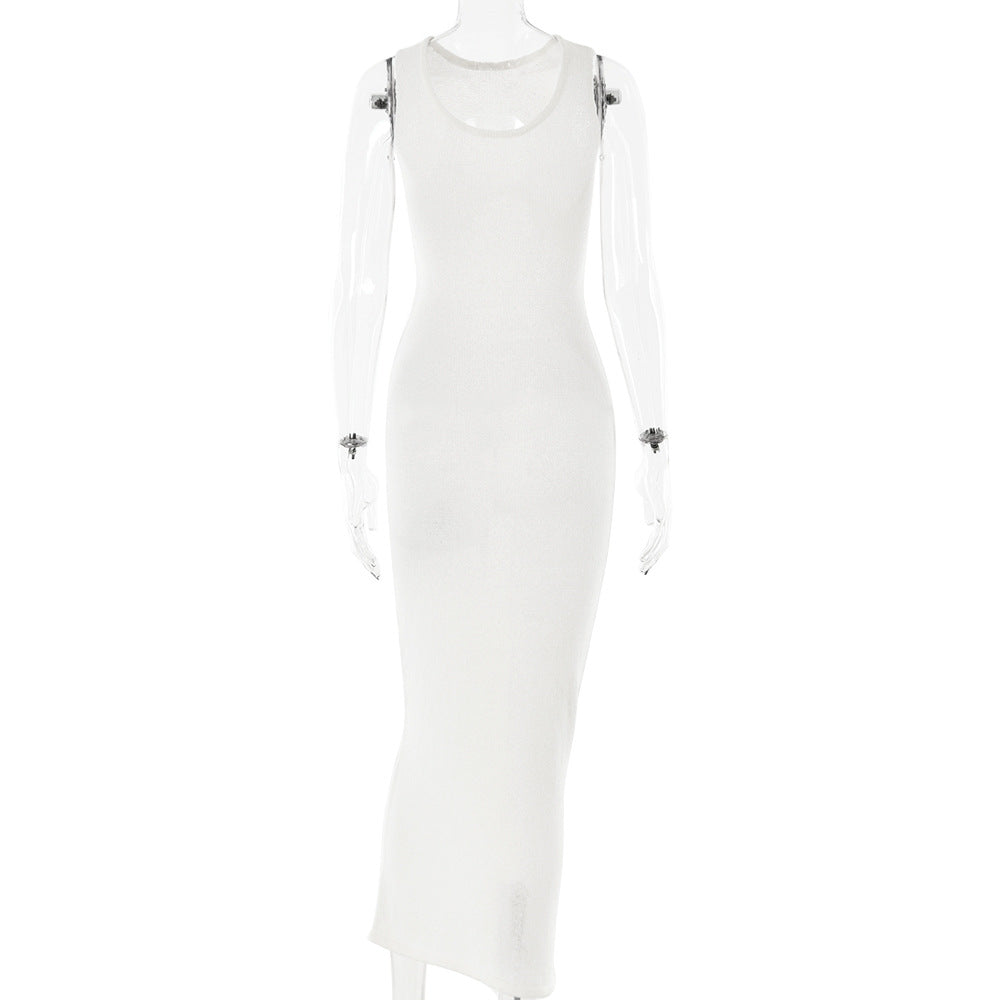 Spring And Summer Sexy And Fashionable Sleeveless Knitting Knot Round Neck Slim Long Dress 12