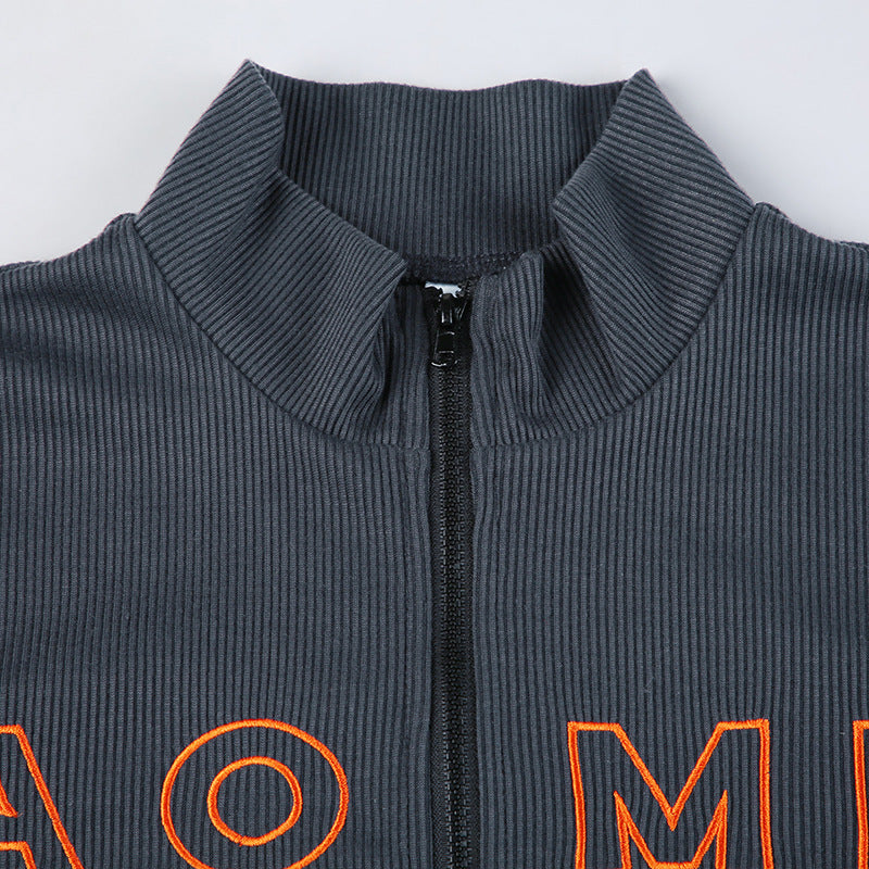 Embroidered Letter Half Turtleneck Crop Zipper Top + High Waist Pleated Skirt Casual Sports Two Piece Set For Women 13