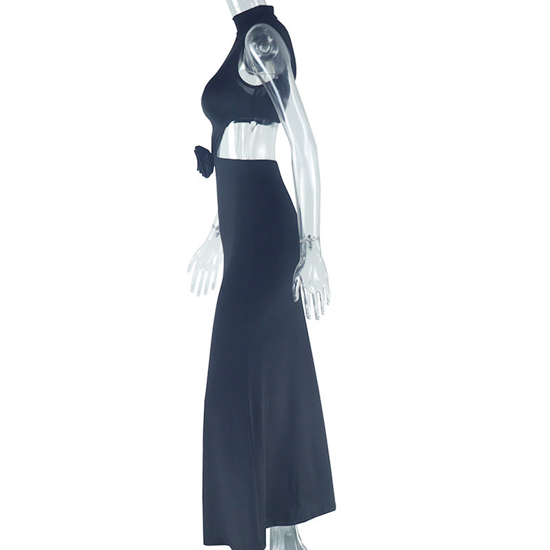 Women's fashion solid color dress sexy Round Neck sleeveless Open Waist Low Back slim long dress 9