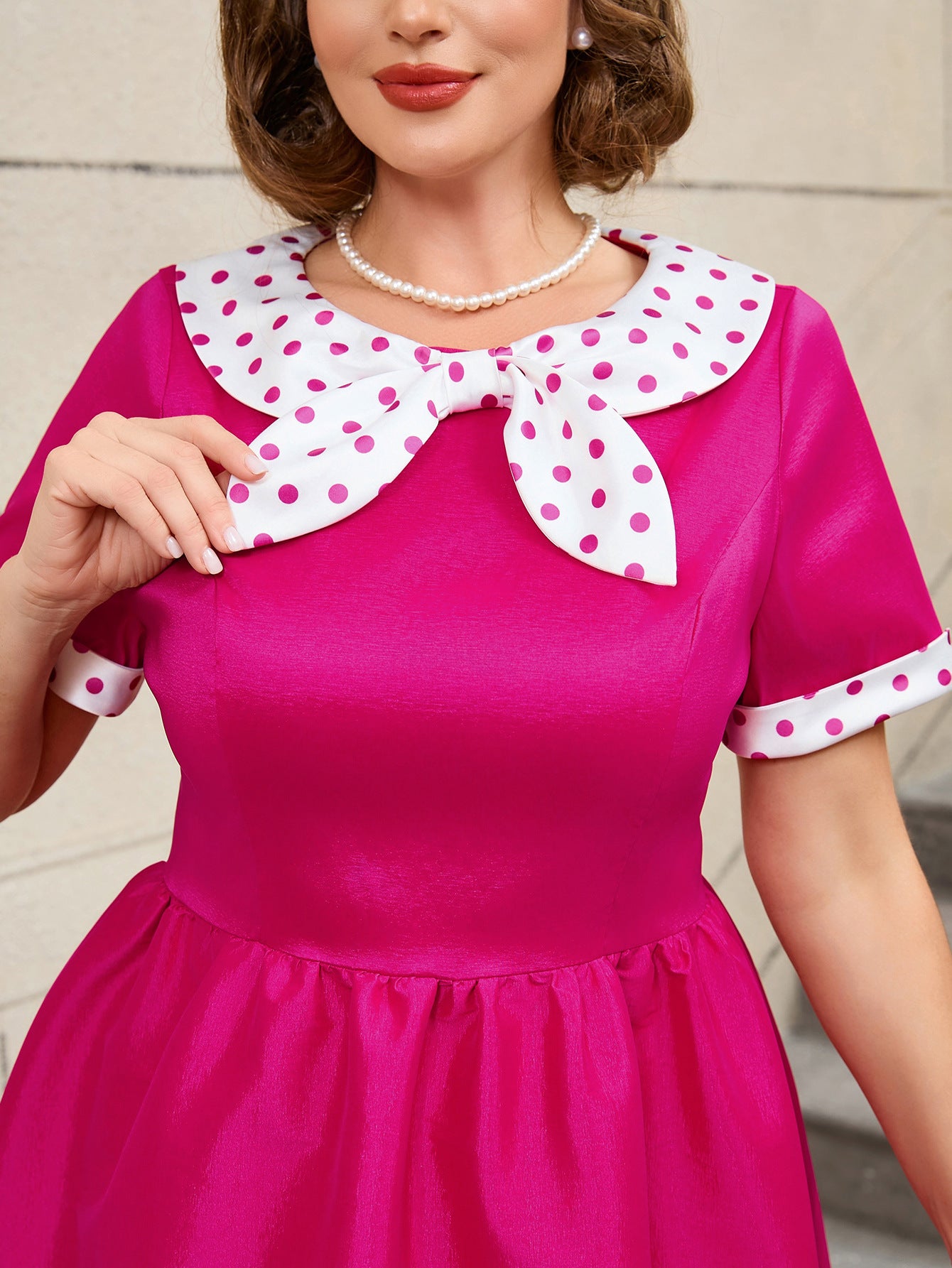 Plus Size Contrast Color Polka Dot Rose A-Line Career Dress 7