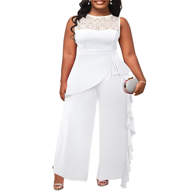 Plus Size Women Solid Career Lace  Loose Jumpsuit 4