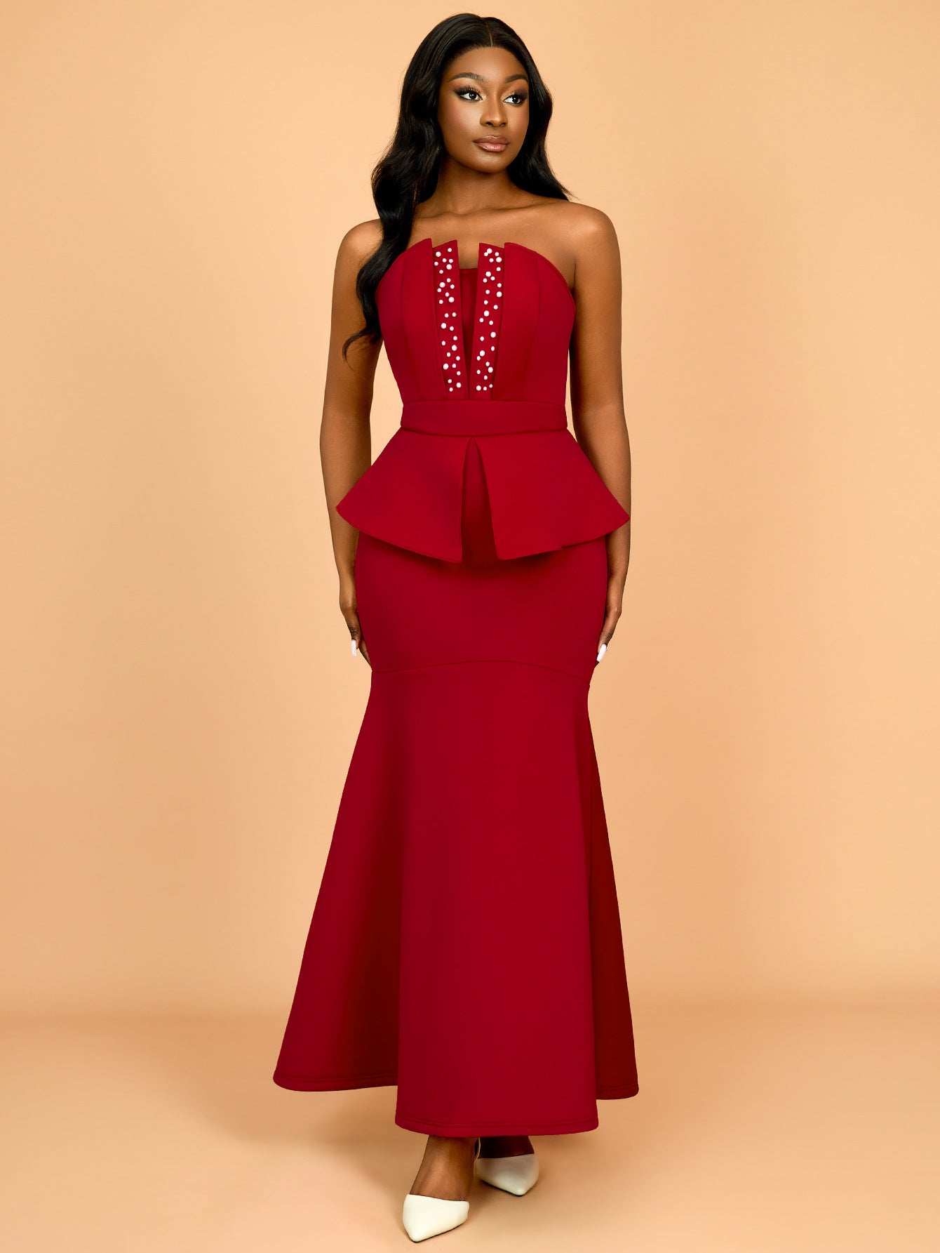 Strapless Beaded Fishtail Ruffled Slim Long Evening Dress 10