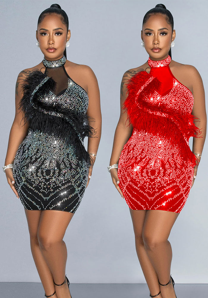 Fashion Women's Solid Color Mesh Beaded Feather Club Dress