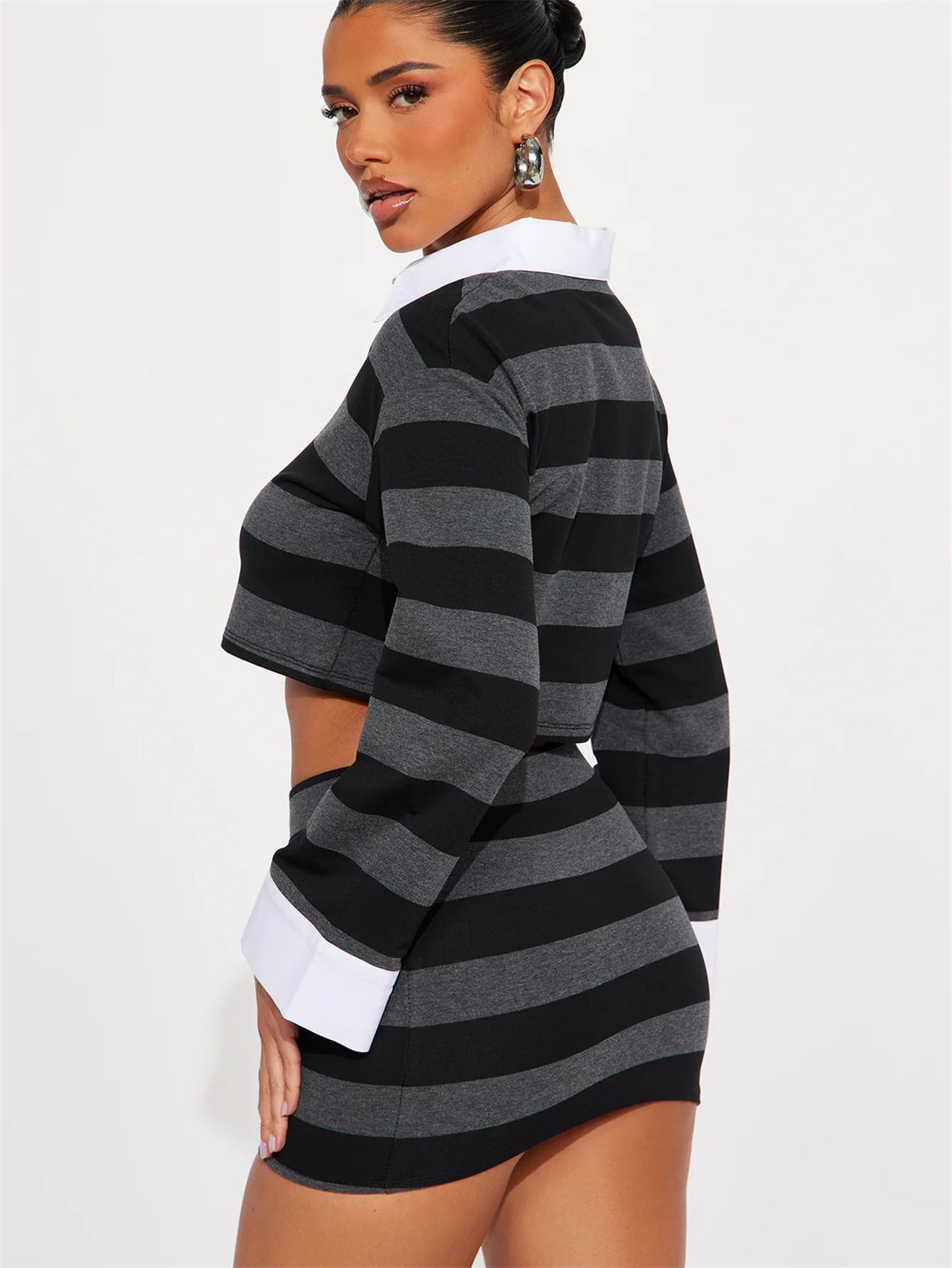 Women Striped Contrast Long Sleeve Turndown Collar Crop Top and Skirt Two-Piece Set 4
