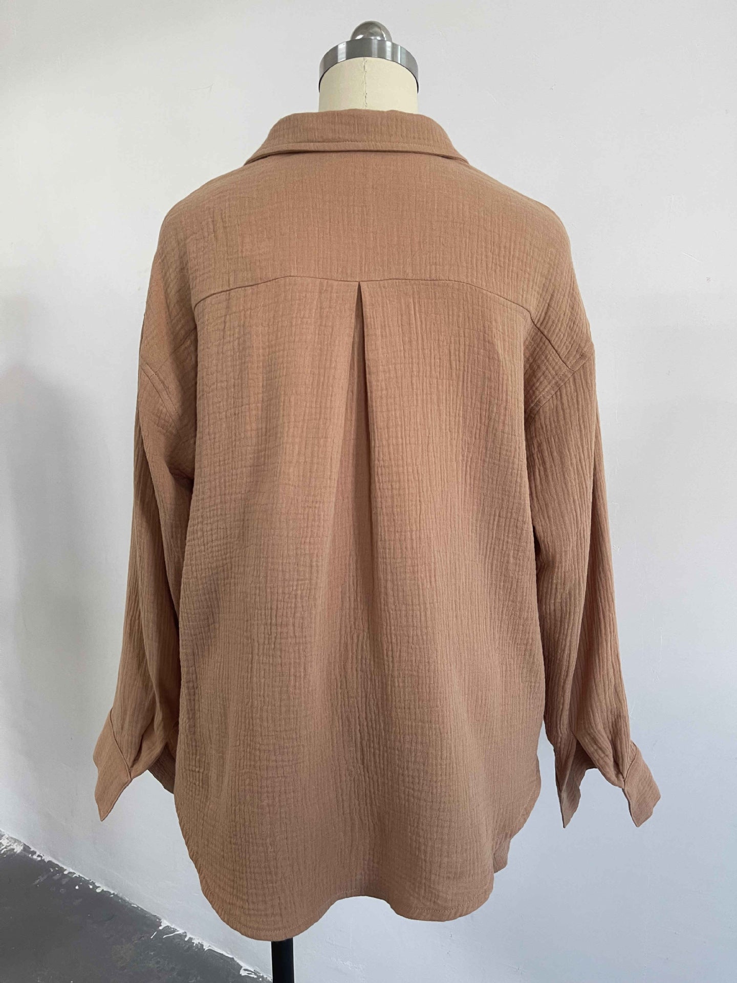 Women's Spring Crinkle Turndown Collar Long Sleeve Shirt High Waist Drawstring Shorts  2PC Set 24