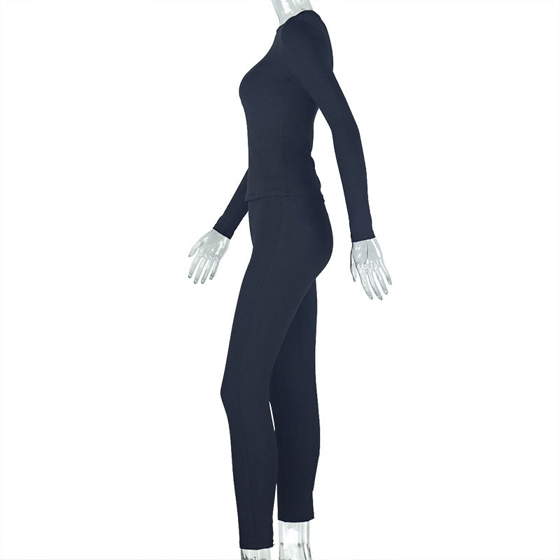 Women Pleated Solid Round Neck Top and Long Pants Casual Two Piece Set 7