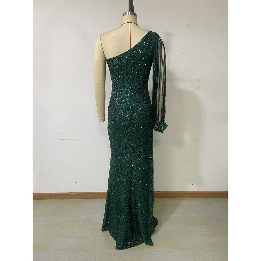 Autumn Winter Fashion Sexy One Shoulder Long Sleeve Sequin Formal Party Long Evening Dress 10