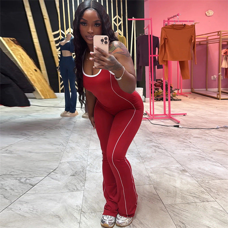 Summer Fashion Low Back Tight Fitting Contrast Color Slim Butt Lift Yoga Casual Jumpsuit for Women 3