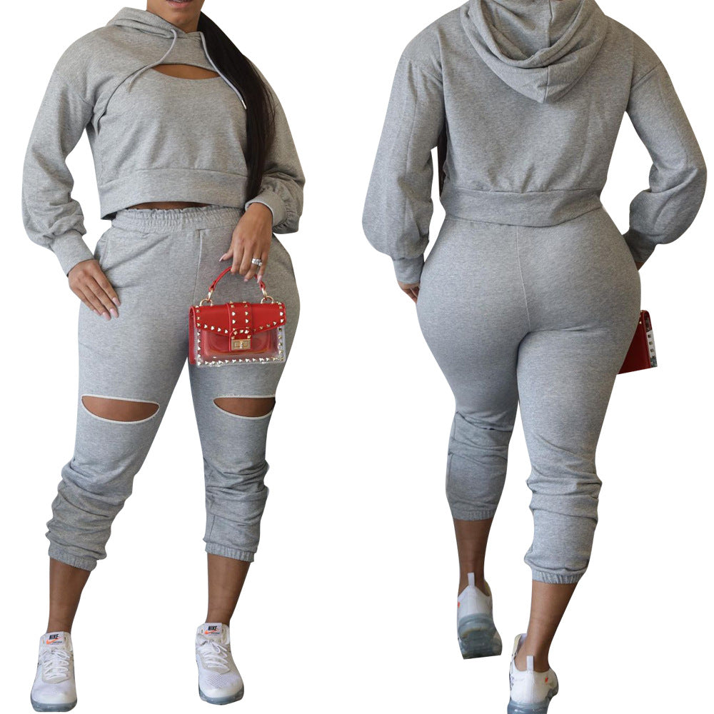 Women's Solid Color Hong Sleeve Hollow Hoodies Sweatpants Two-Piece Set 3