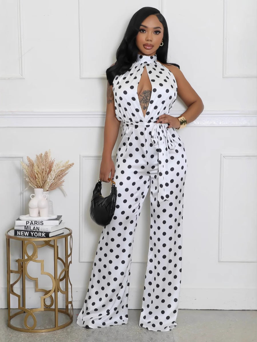 Women Sleeveless Halter Neck Lace-Up Polka Dot Jumpsuit 3