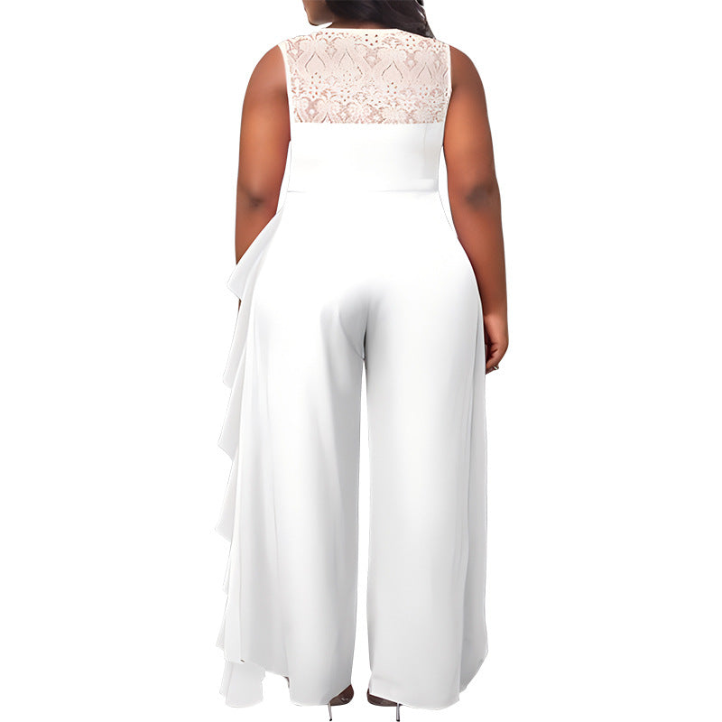 Plus Size Women Solid Career Lace  Loose Jumpsuit 6