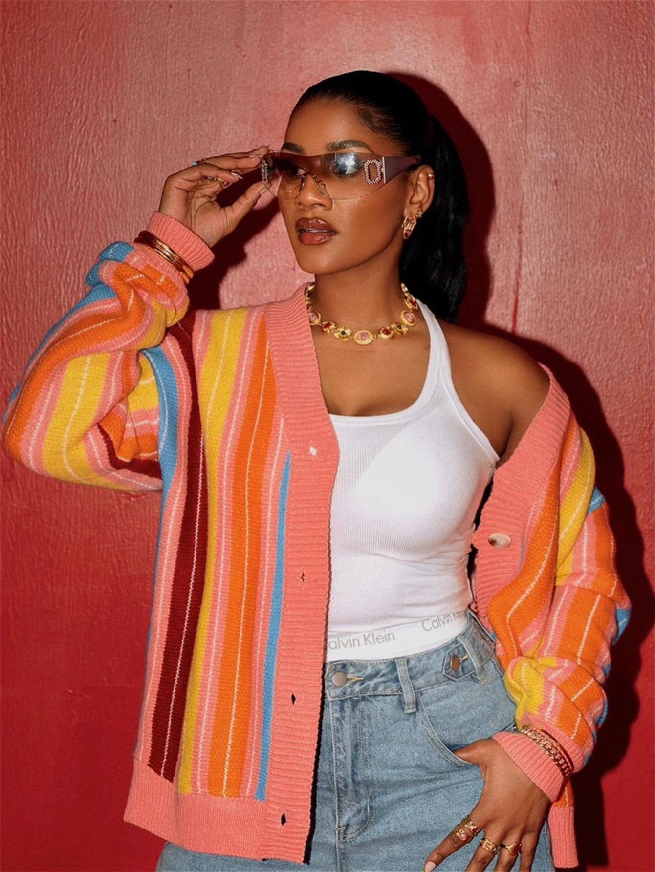 Women autumn casual striped contrast color sweater knitting cardigan long-sleeved top 6