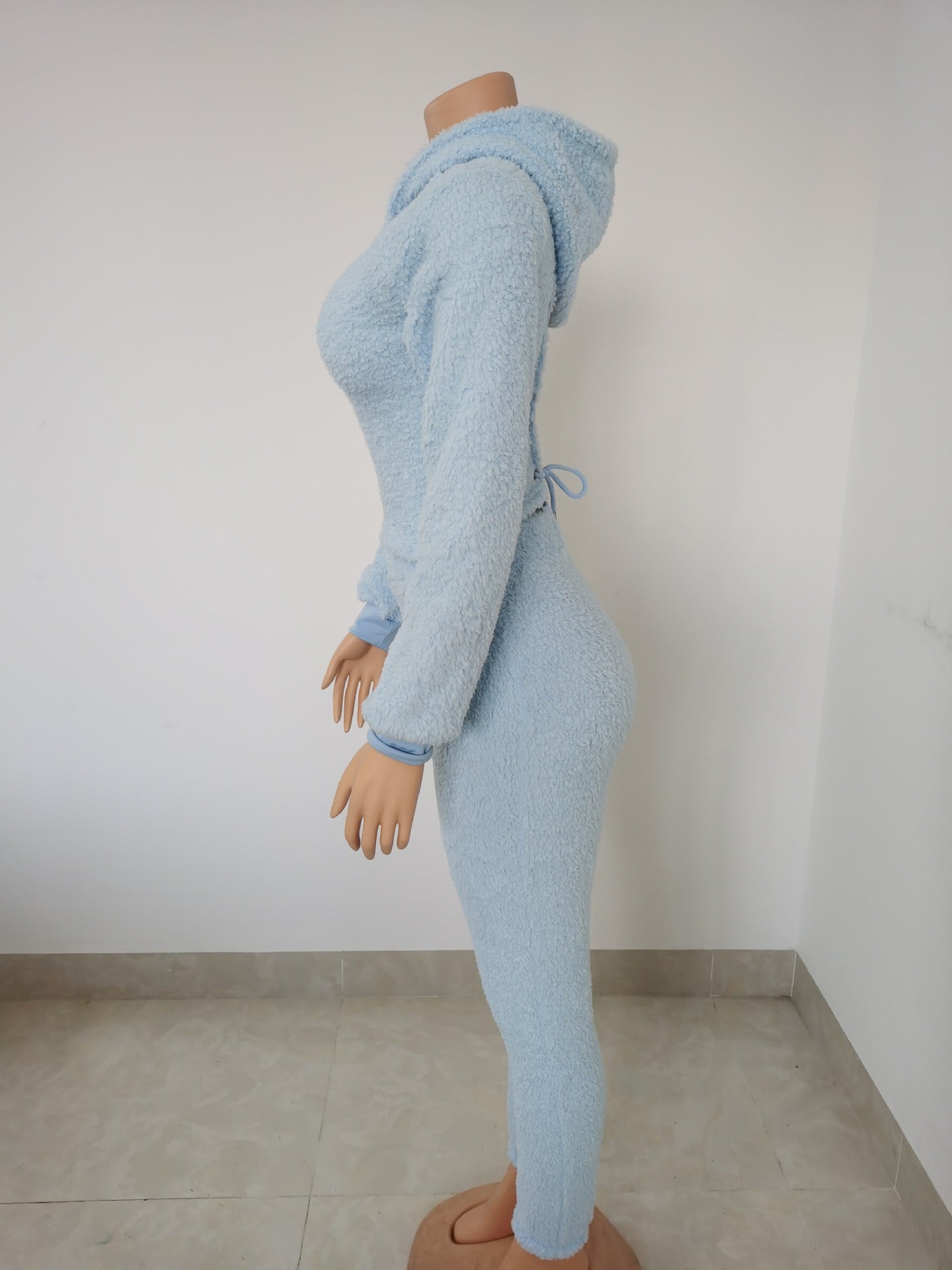 Plus Size Women Sherpa Backless Hood Top and Pant Two Piece Set 10