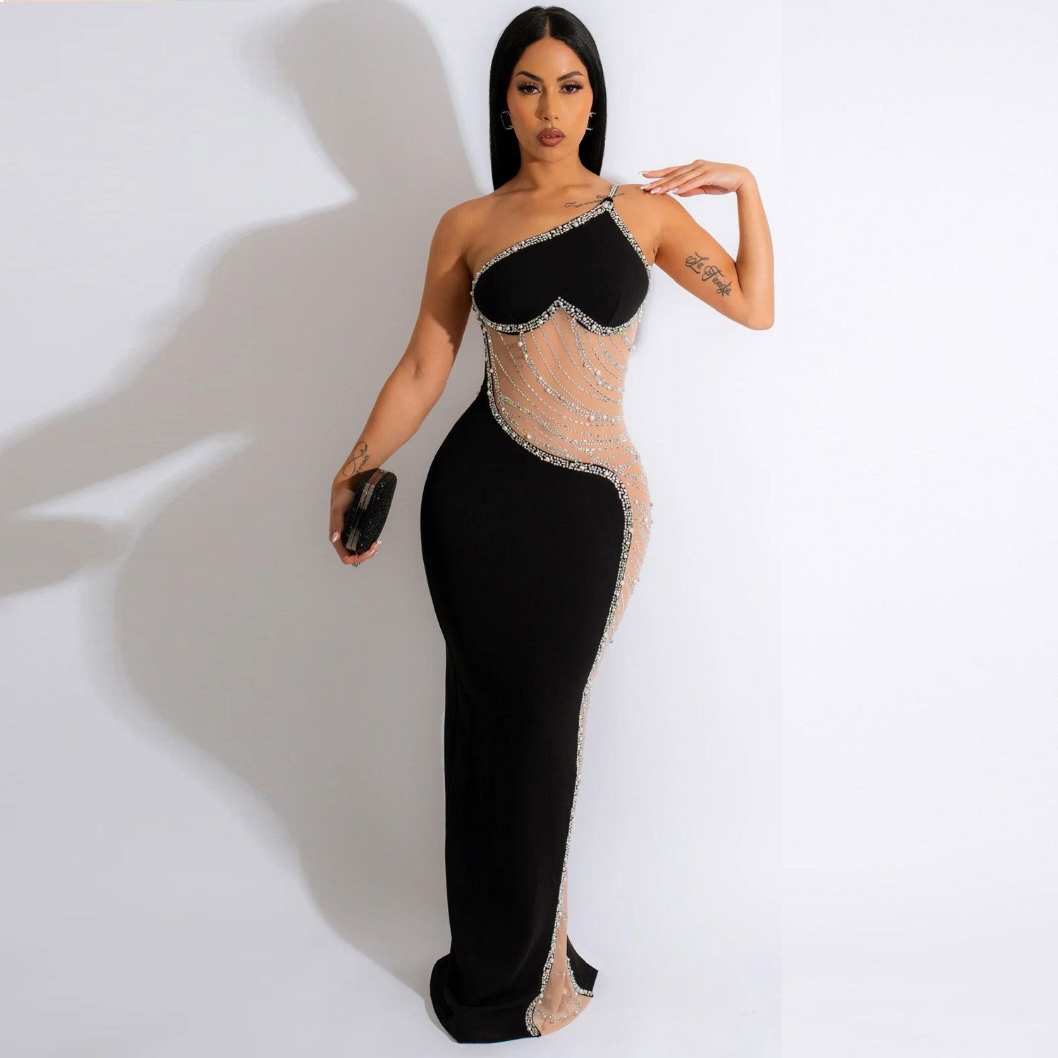 Sexy Pearl Beaded See-Through Mesh Patchwork Long Evening Dress 8
