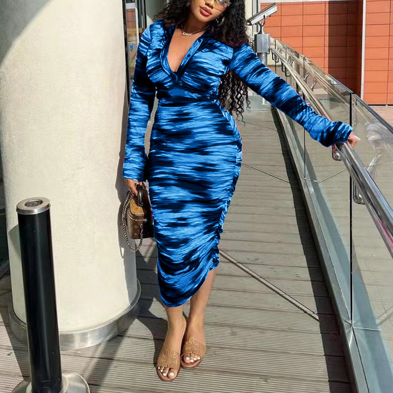 Women's Spring And Summer Printed Fashion Casual Pleated Long Sleeve Slim Chic Long Dress 4