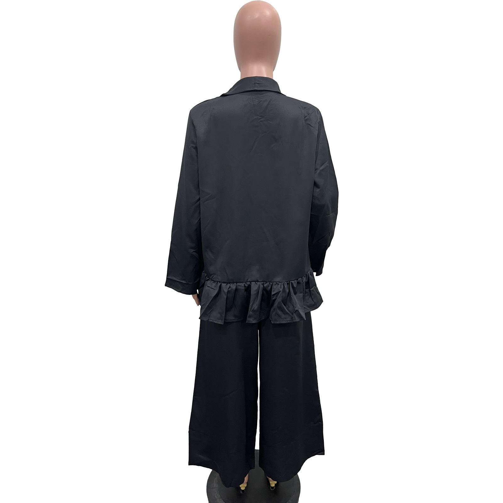 Women's Turndown Collar Jacket High Waist Loose Pants Suit 12