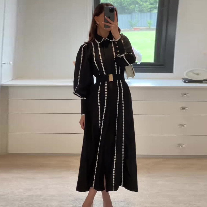 Women Autumn French Lace Turndown Collar Lantern Sleeve Dress