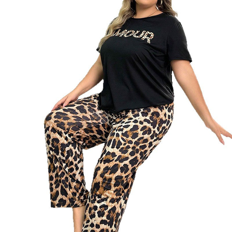 Spring/Summer Short-Sleeve Leopard & Letter Print Two piece Pants Set Outdoor Sleepwear 6