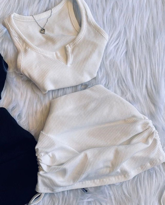 Women's Fashion Casual Suit Tank Top Drawstring Bodycon Skirt Two Piece Set 3