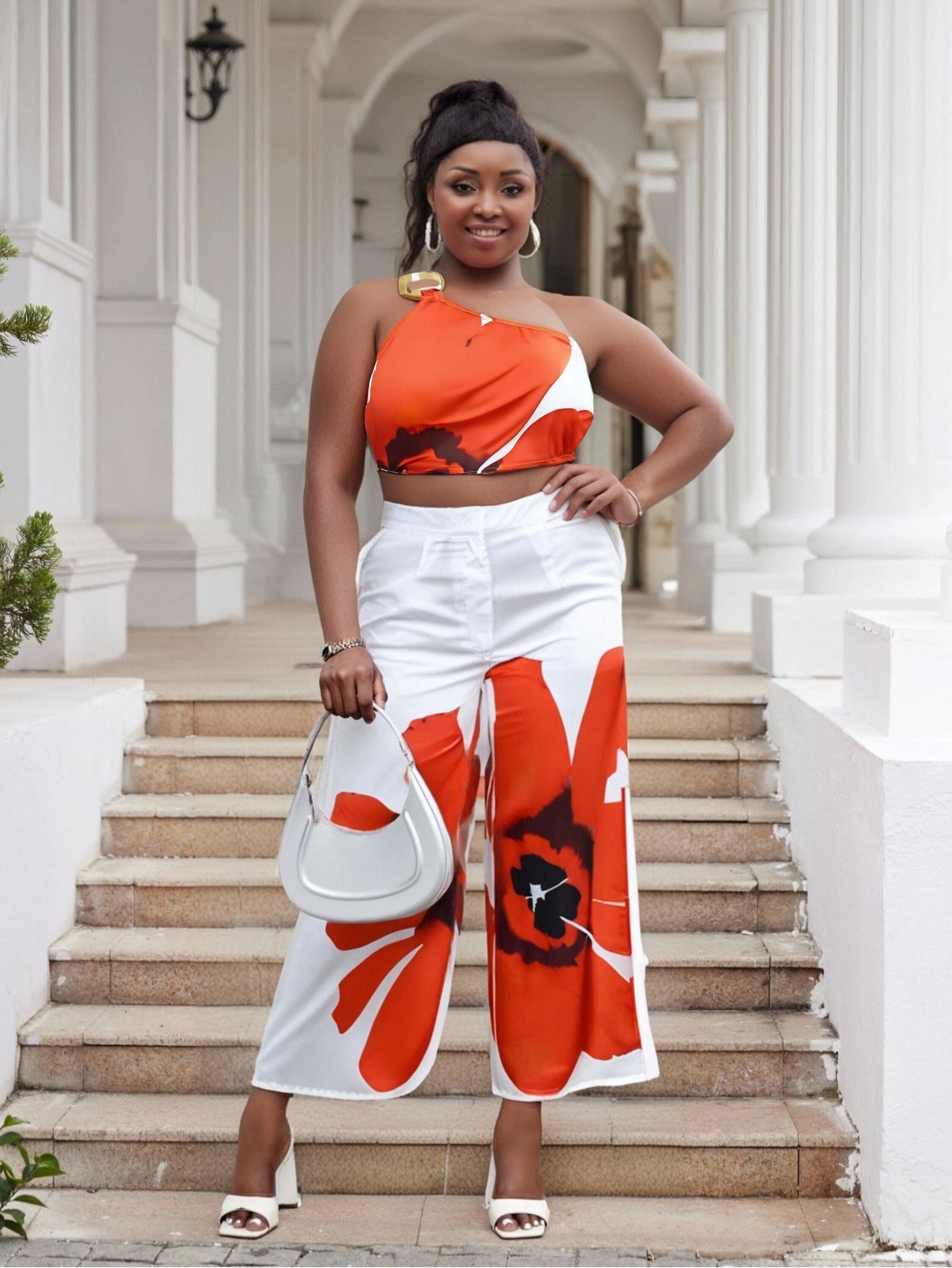 Plus Size Spring/Summer Printed One Shoulder Crop Top Wide Leg Pants Two Piece Set