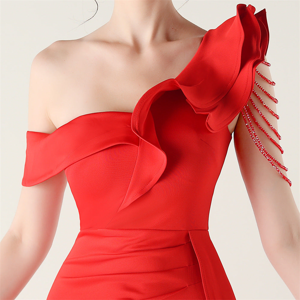 Women pleated one-shoulder beaded ruffle fishtail formal party evening dress 23