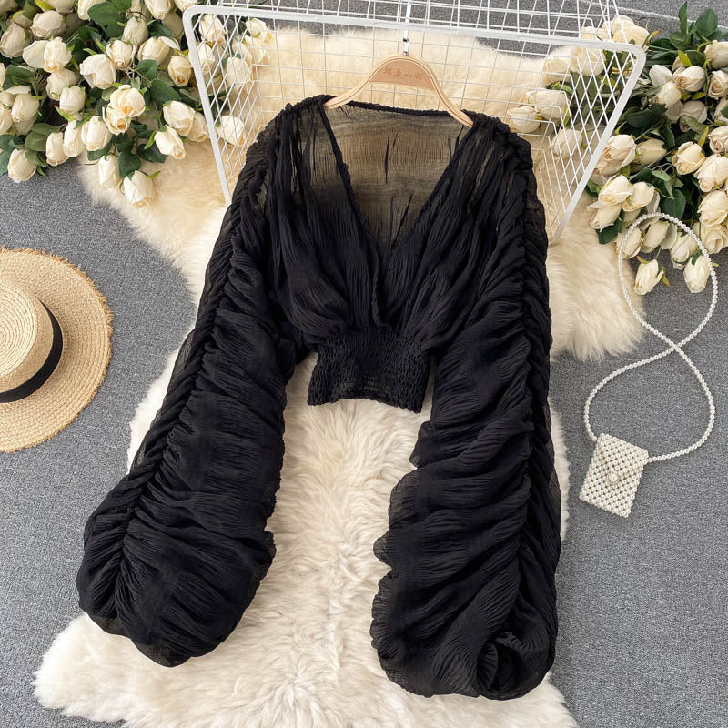 Pleated Puff Sleeves Slim Short Fashionable Chiffon Shirt Tops 20